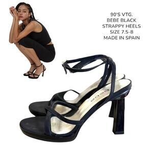 90'S VINTAGE BEBE BLACK STRAPPY HEELS SANDALS SZ. 7.5-8 MADE IN SPAIN.